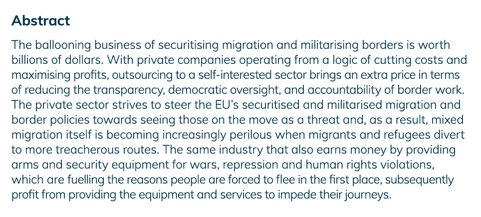 Abstract The ballooning business of securitising migration and militarising borders is worth billions of dollars  Wit   