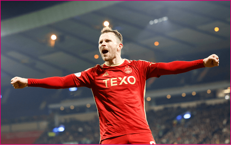 Nicky Devlin (2) of Aberdeen celebrates an Aberdeen goal during the Scottish League Cup semi final match between Hibernian and Aberdeen at Hampden Park, Glasgow, United Kingdom on 4 November 2023.